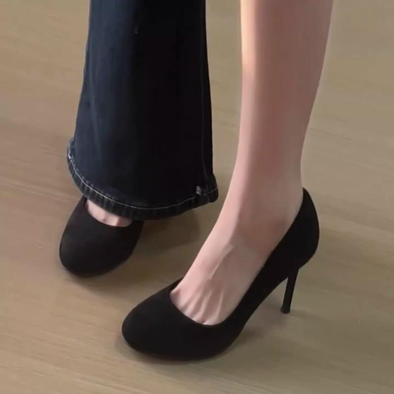

New Suede High Heels Retro Round Toe Shallow Mouth and Stiletto Heel Versatile Commuting Without Tiring Feet Single Shoes 34 чёрный