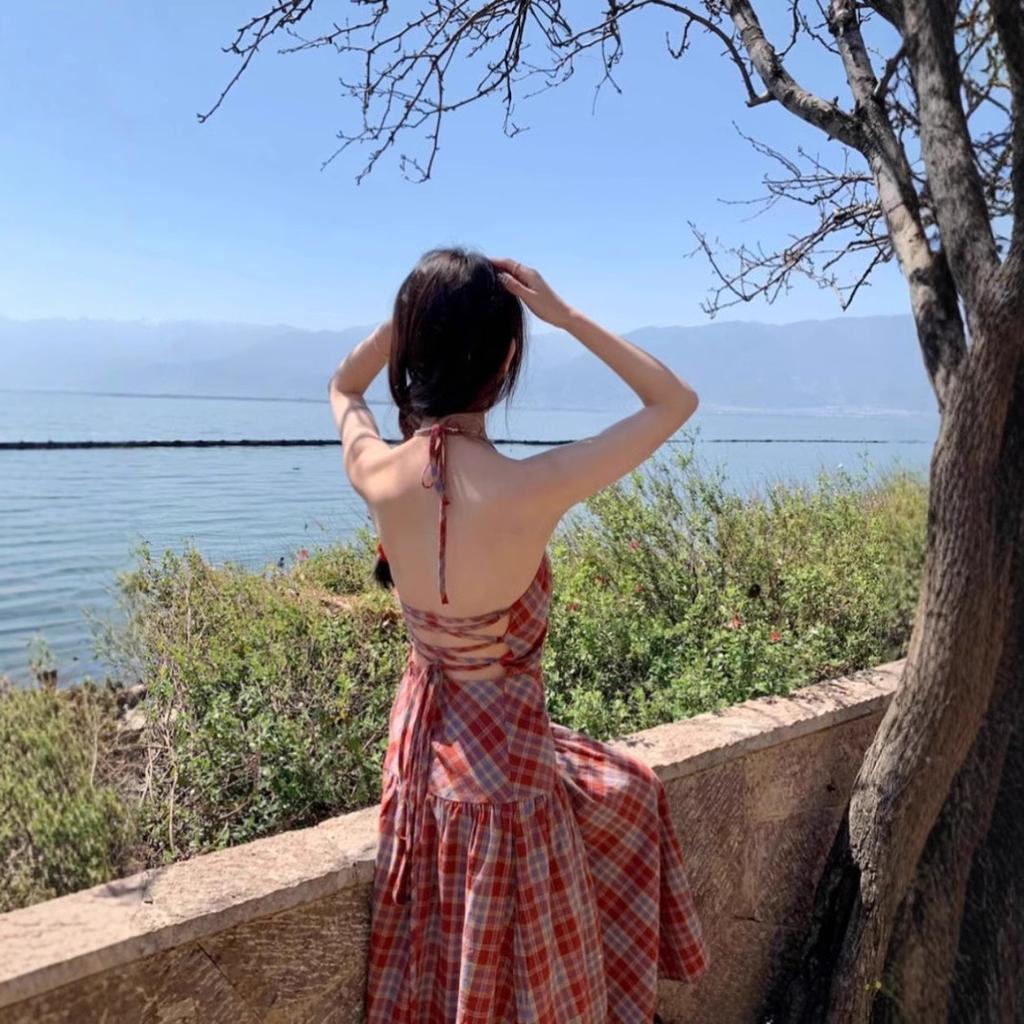 Holiday Style Dress Summer French Dopamine Sweet Plaid Halter Sling Long Skirt Niche Waist and Thin
