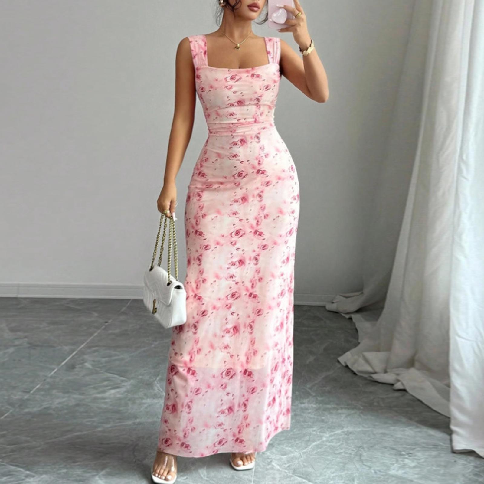 

Summer Dresses for Women 2026 Sleeveless Square Neck Floral Dress Long Casual Dresses for Women Graduation Dress M розовый