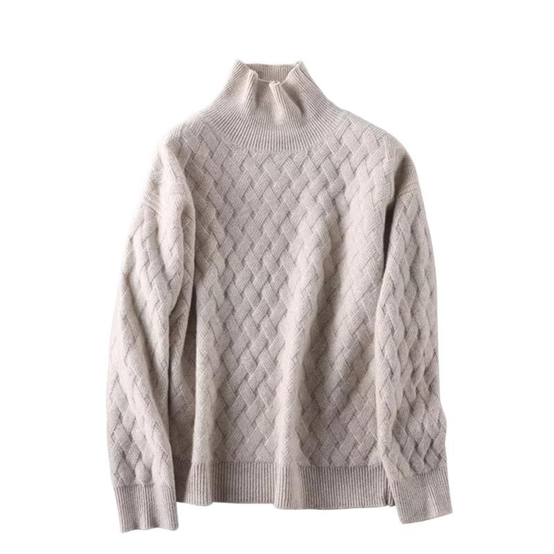 Women's High-Neck Ribbed Knit Sweater - Warm, Thick, Loose Fit for Autumn/Winter 2024, Korean Style