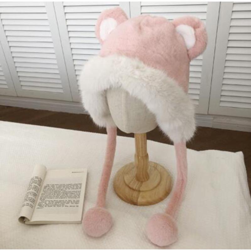 Ins Sweet Cute Bear Plush Knitted Hat Children Winter Thickened Warm Big Head Circumference Pullover Ear Hat