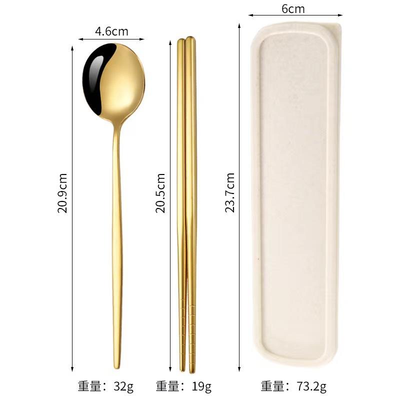 Stainless steel tableware, convenient student spoon, fork, chopstick three-piece set, travel storage set