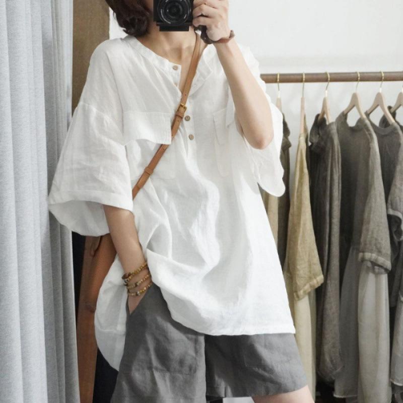 Southeast Asian Autumn Fashion Loose T-shirt Women's Solid Color Five-quarter Sleeve Plus-size Top for Women