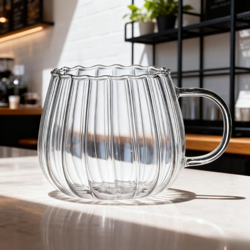 

JUSTINLAU 400ml High Borosilicate Glass Cups Creative Striped Mug Pumpkin Cup Breakfast Milk Glass Water Cup Teacup Home Office 400ML чистий