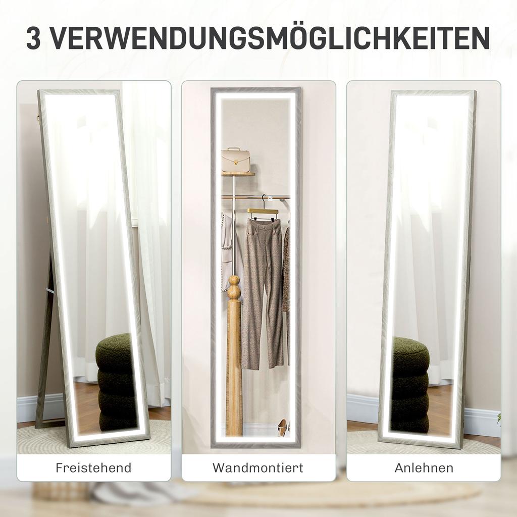 LED Full-Length Mirror, 40 X 160 Cm, Touch Control, Dimmable, 3 Colors, Grey