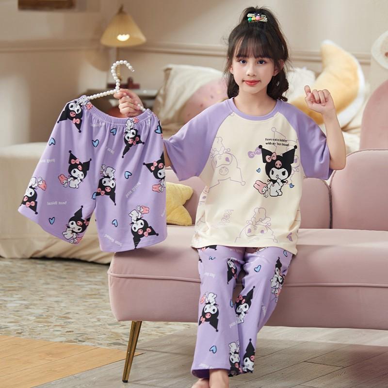 Girls Cotton Pajama Set Lightweight Short Sleeve Long Pants 3-Piece Sleepwear Kids Ages 8