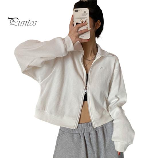 Cardigan Lapel Long Sleeves Zipper Closure Ribbed Women Coat Crop Spring Autumn Thin Solid Color Short Casual