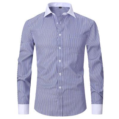 Men's Long Sleeve Striped French Cufflink Shirt - White Collar, Large Size, Casual Business Wear for Spring & Summer.