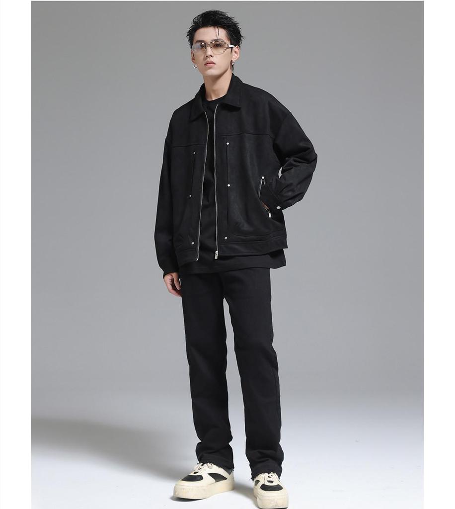 Herren Wildleder Reißverschlussjacke - Amerikanischer Stil, Herbst/Winter 2023 Trend, Revers Workwear_TOP