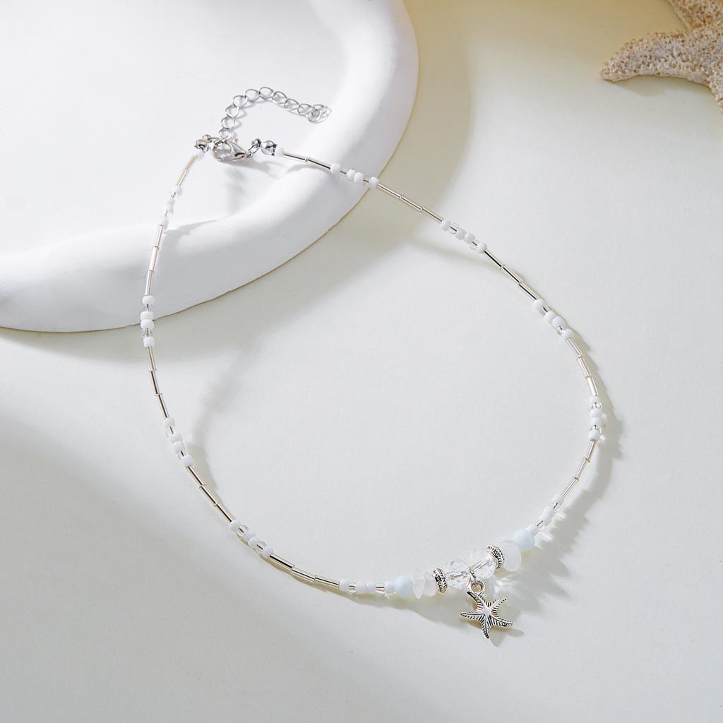 Elegant White Beads Starfish Necklace for Women Handmade Crushed Stone Choker Necklace Summer Beach Party Jewelry Accessories