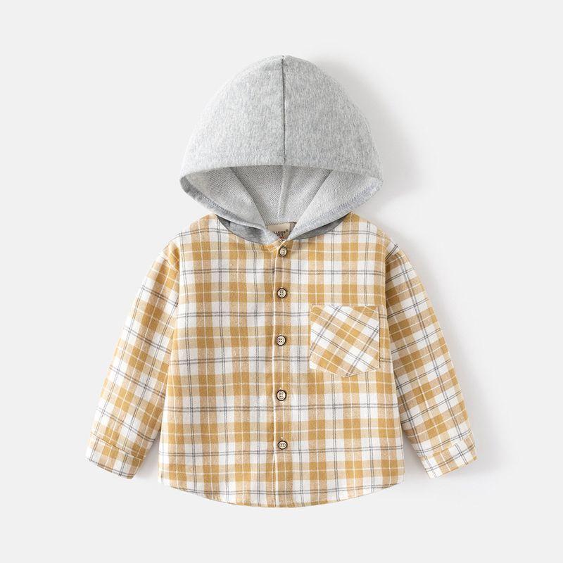 K-style Children's Clothing Spring and Autumn Boys' Long-Sleeved Shirt Kids Gingham Hooded Shirt Baby Boy Casual Long Sleeve Tops