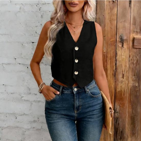 Linen Vest Top for Women Casual Slim Fit Sleeveless Button Down Waistcoat V