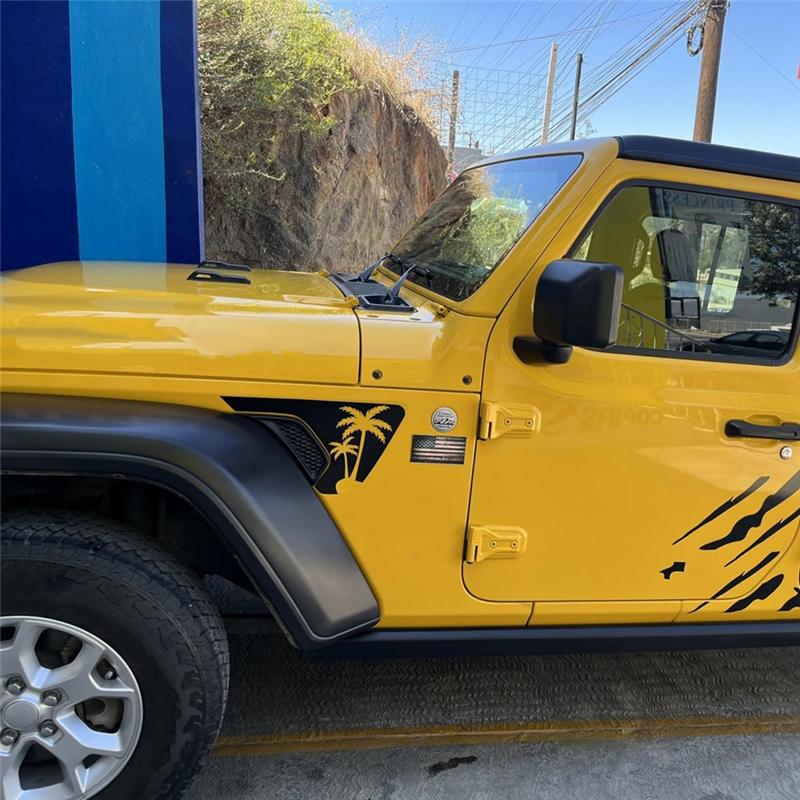 Seitenkotflügelentlüftungs-Kokospalmen-Aufkleber, vorgeschnittener schwarzer PVC-Aufkleber für Jeep Wrangler JL / Gladiator JT 2018-2024 Teile Zubehör-