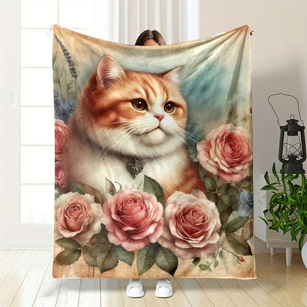 Fluffy Cat Pink Roses Vintage Style Bedroom Blanket for Livingroom Couch Lunch Break Soft Throw for Friend's Festival Gift