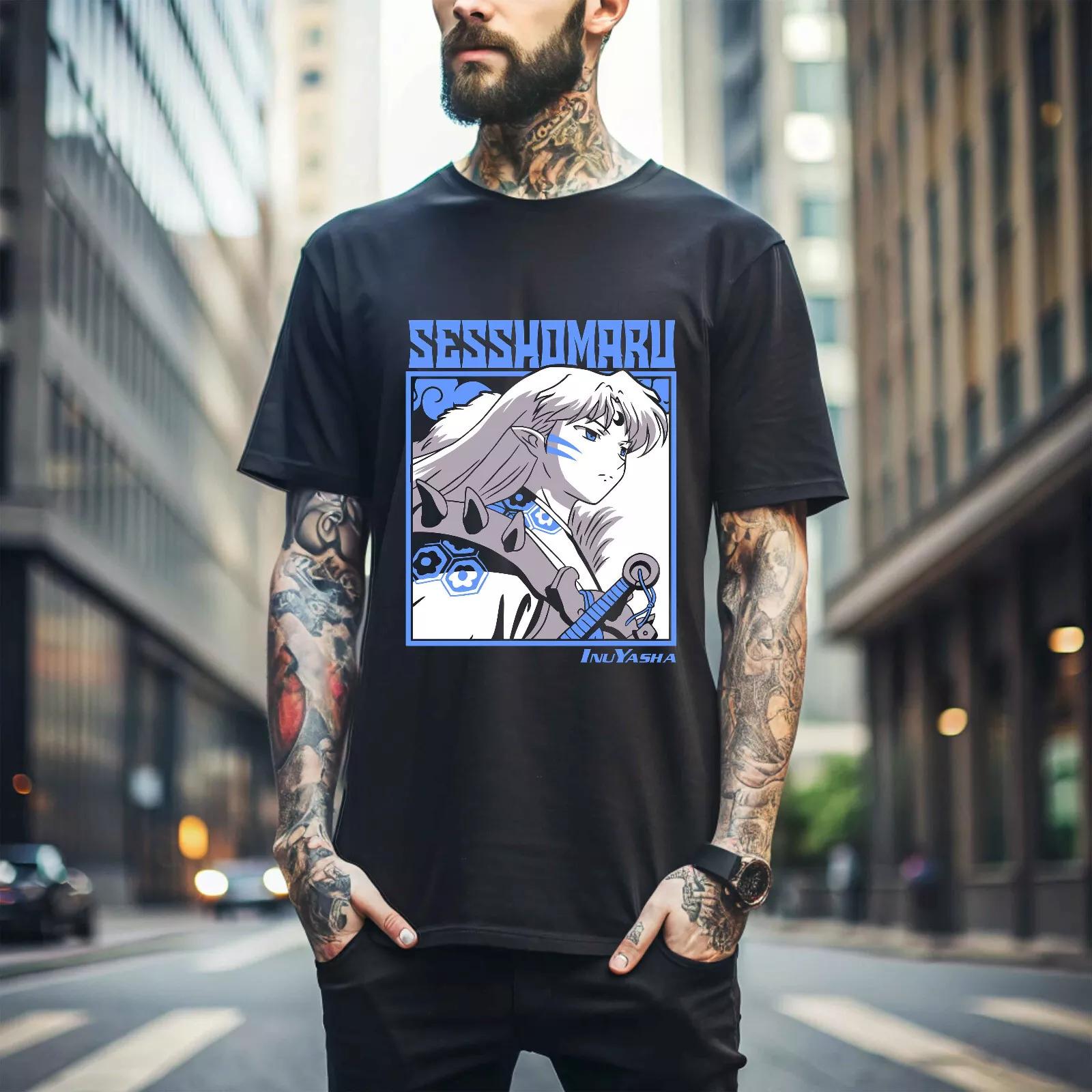 

100% хлопок ТОПЫ УНИСЕКС ФУТБОЛКИ МУЖСКИЕ ЖЕНСКИЕ Инуяша Сессёмару Футболка Красная Луна Ину Яша Каваи Девушка Подарок Футболка Черная 297 M чёрный