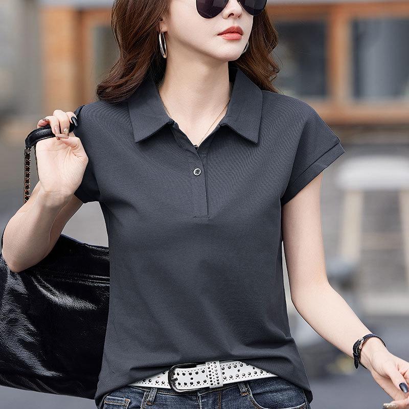 Women's Solid Color Pure Cotton Short-Sleeve Polo T-Shirt, Summer 2025 Collection - Versatile and Loose Fit
