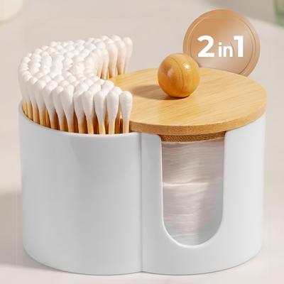 2-in-1 verbundene Wattestäbchenbox mit Holzdeckel, Aufbewahrungsbox für Make-up-Entferner-Wattepads, Desktop-Aufbewahrungsbox für Wattepads mit Deckel