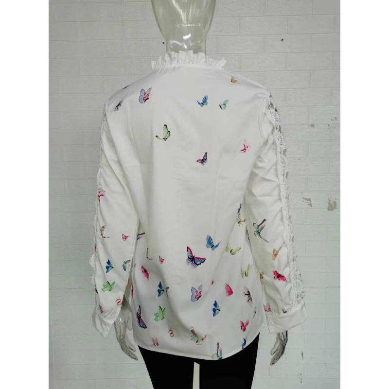 Plus Size Elegant Long Sleeve Ruffle Collar Printed Women's Shirt