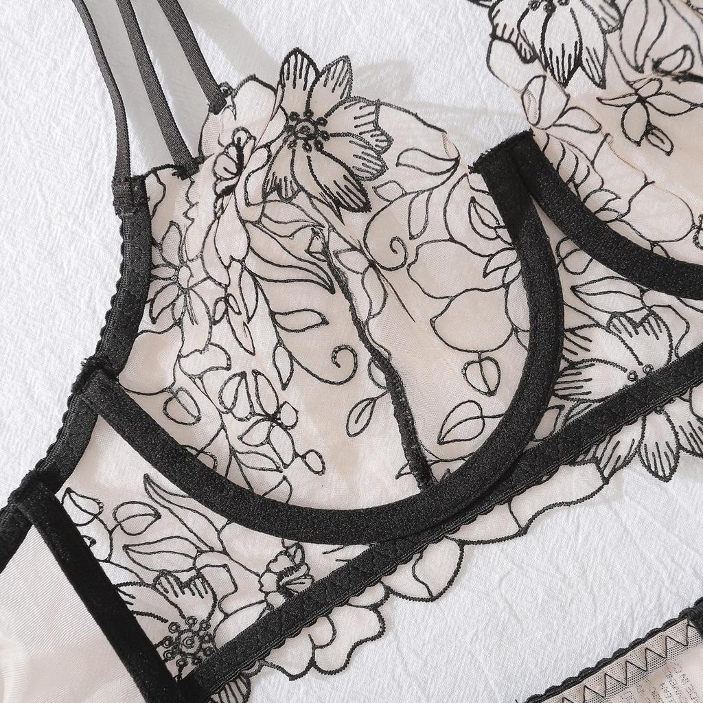 Sexy Sheer Lingerie Set for Women Floral Embroidery Multi-strap Bra Set Adjustable Split Lingerie Set