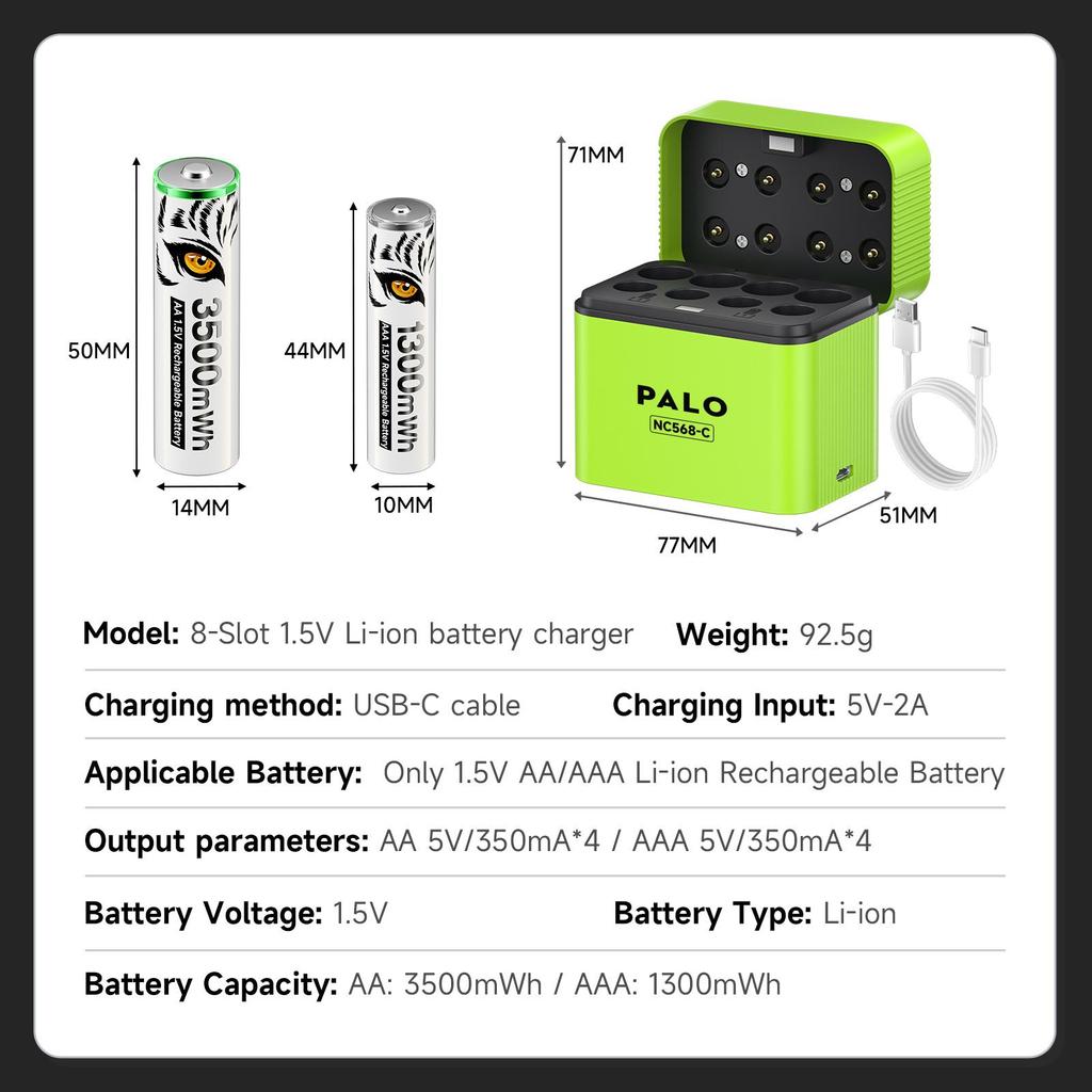 PALO 1.5V AA 3500mWh Rechargeable Battery AAA 1300mWh Lithium-ion Batteries With 8-slot Fast Intelligent Battery Charger