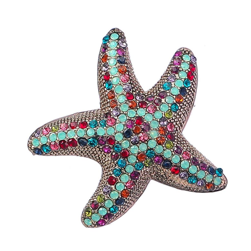Korean Marine Life Brooch: Starfish & Shell Pin with Metal, Diamond, & Pearl Accents