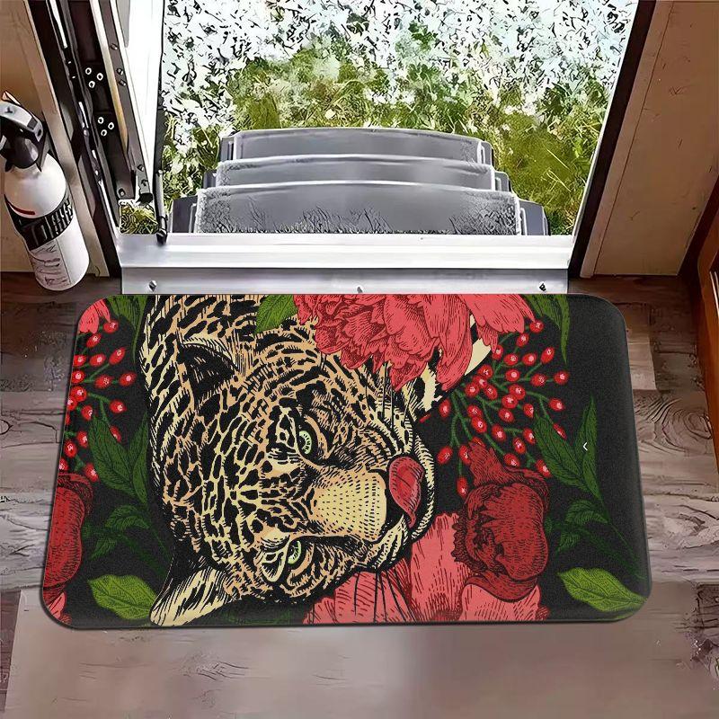 VIKAMA Bright Yellow Tropical Jungle Pink Leopard Flower Entrance Doormat Foyer Bathroom Entrance Home Carpet Home Decoration