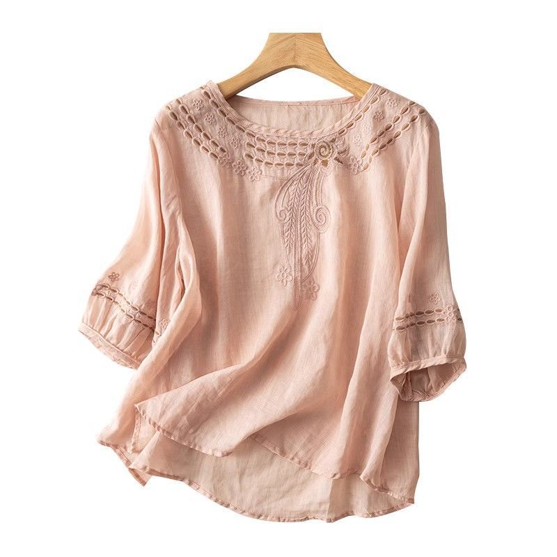2025 New Retro Round Neck Embroidered Cotton and Linen Top Women's Fashion Sense Temperament Thin Thin T-shirt