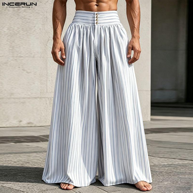 INCERUN Mens Striped Wide Leg Pants High Waist Button Loose Fit Casual Long Trousers