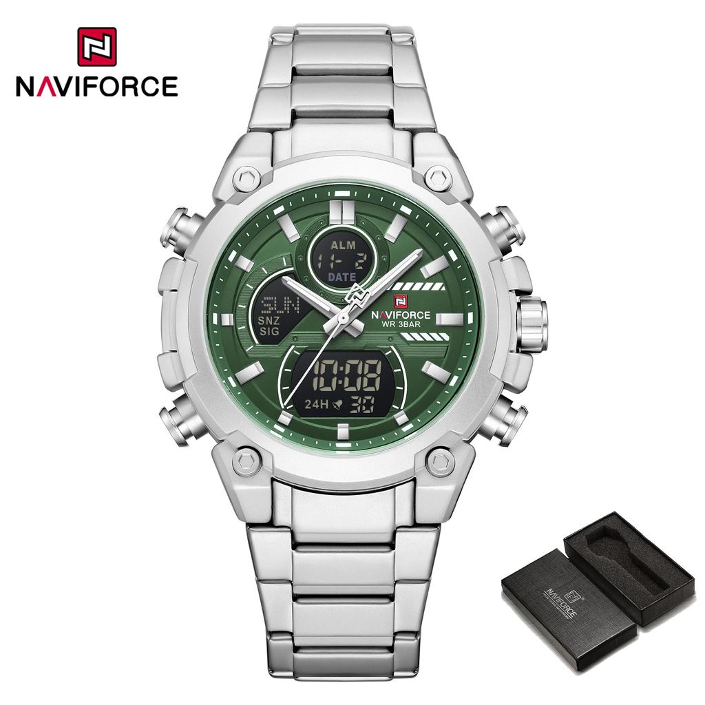 Naviforce Men Dual Time Watch Quartz Movement LCD Digital Chronograph Luminous Hands Stainless Steel Strap Waterproof Men Watch NF9278