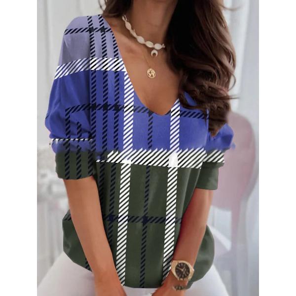 

Топ с V-образным вырезом и клетчатым узором в стиле колор-блок для женщин, модные контрастные свободные повседневные футболки 6XL