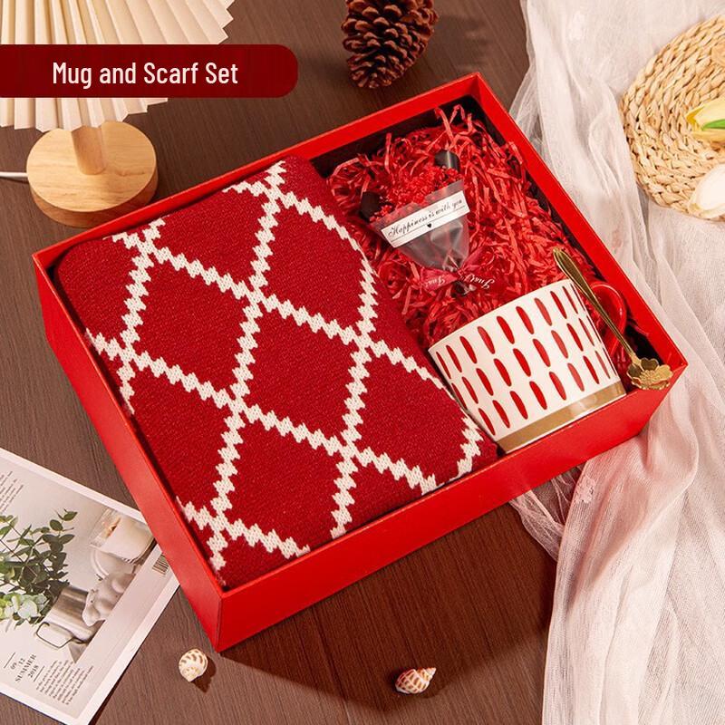 Junshiqi ME Premium Red Plaid Scarf Gift Box Set Scarf + Mug