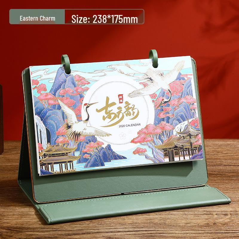 2026 Year of the Horse Leather Desk Calendar with Pen Holder, Custom Logo, Monthly Overview, Multifunctional Office Ornament.