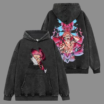 Ryomen Sukuna Graphic Clothing Jujutsu Kaisen Anime Hooded Men Retro Washed Hoodies Casual Cotton Sweatshirt Harajuku Streetwear