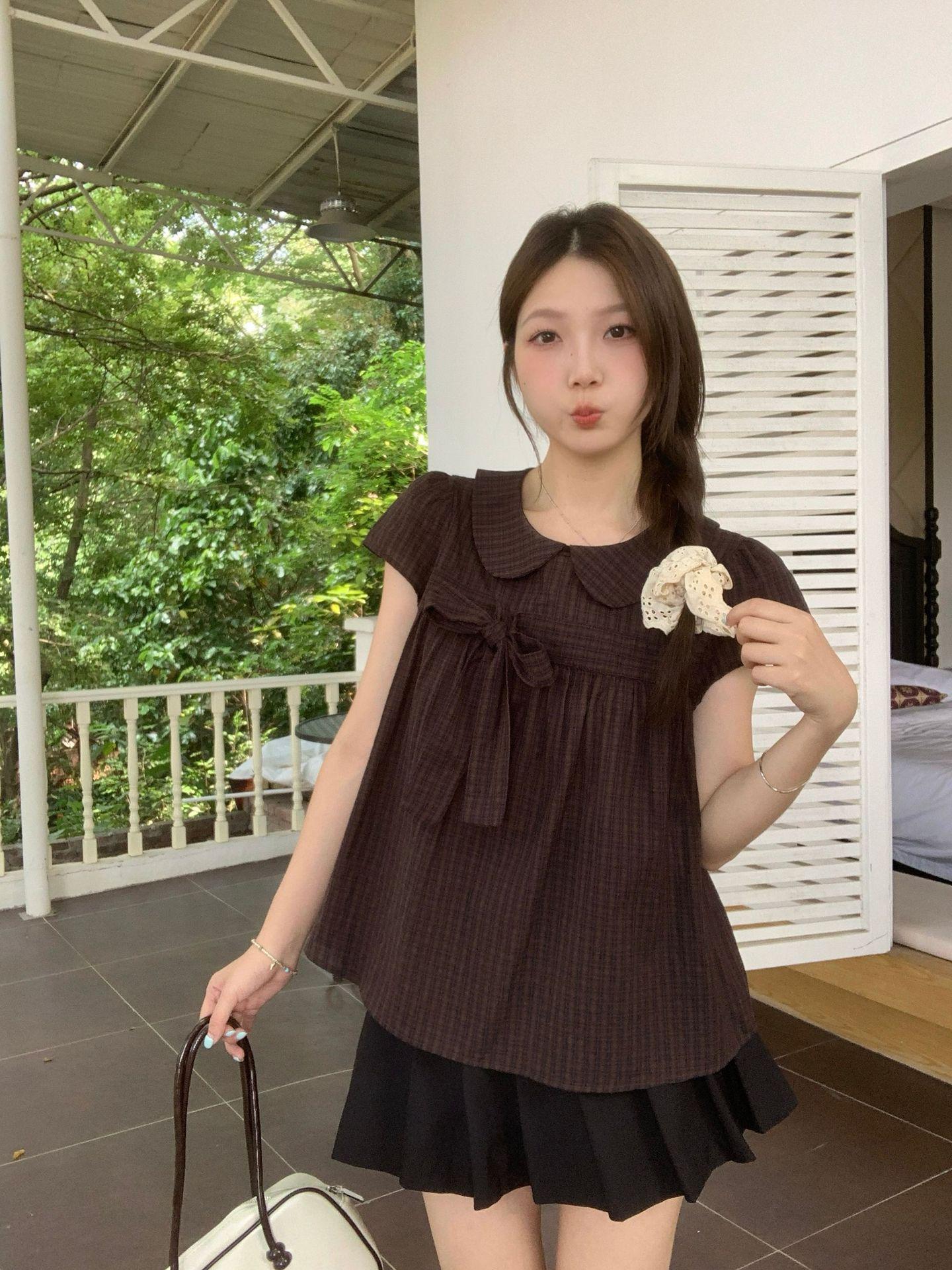 Plus Size Women s Summer Plaid Doll Collar Puff Sleeve Top 3XL