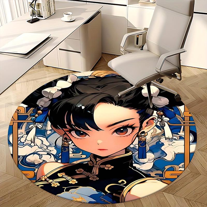 1pc Anime Design Round Carpet Traditional Chinese Style Chair Mat for Office, Home Decor, Living Room, Bedroom