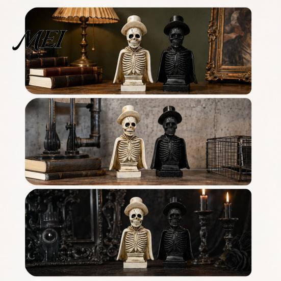 Halloween Tabletop Decoration for Party Gothic Skull Sculpture with Top Hat And Cape, Spooky Resin Prop Display Skeleton Figurine LED Light Home Decor