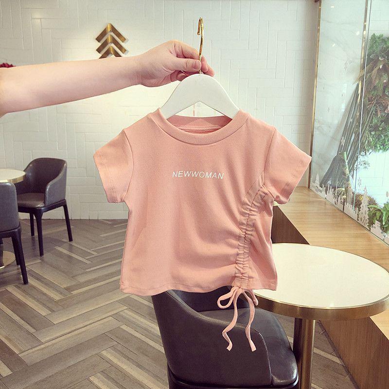 

Летняя хлопковая футболка с кулиской и надписью для девочек - Модная футболка с коротким рукавом в корейском стиле 100 cm розовый