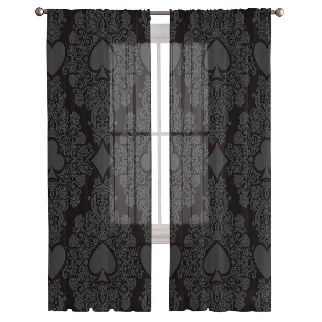 Black Poker Flowers Tulle Curtains Elegant Sheer Drapes for Bedroom Living Room Kitchen Decor