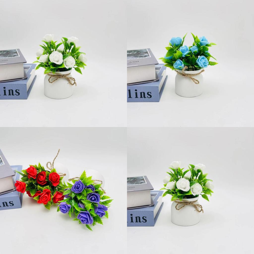 Plastic Foam Rose Miniature Indoor Plant With Butterfly Bow For Home Decor And Photography Props