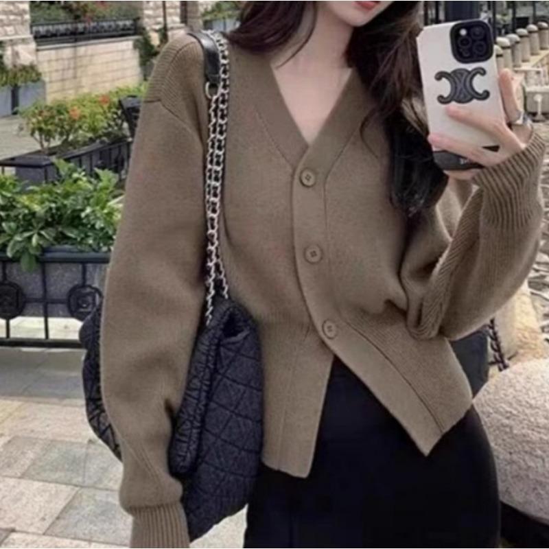 

Female Sweater V-neck Knitted Cardigan Autumn and Winter Waist Cinching Short Sweater XL коричневий