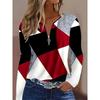 Women'S Elegant Long Sleeve T-Shirt, Red Black White Gray Contrast Design, Zipper Front Placket,Versatile Top