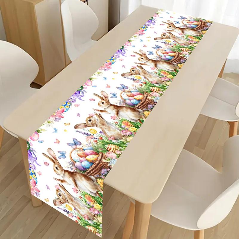 Vintage Easter Bunny Table Runner Polyester Rabbit Eggs Flower Table Flag Easter Decorations For Home Kitchen Dining Table Decor