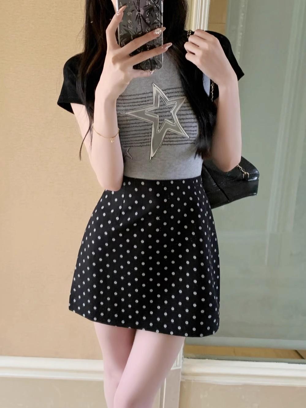 

2024 Spring Women s Polka Dot High-Waist Midi Skirt & Versatile A-line Blazer Mini Skirt XS
