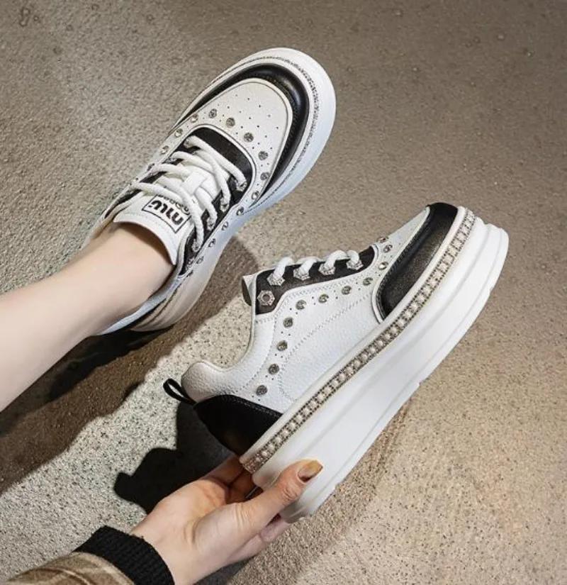 7cm Echtes Leder Damenmode Lässig Bling Klobige Sneaker Plateau Keil Vulkanisiert Herbst Frühling Versteckte Absätze Damenschuhe