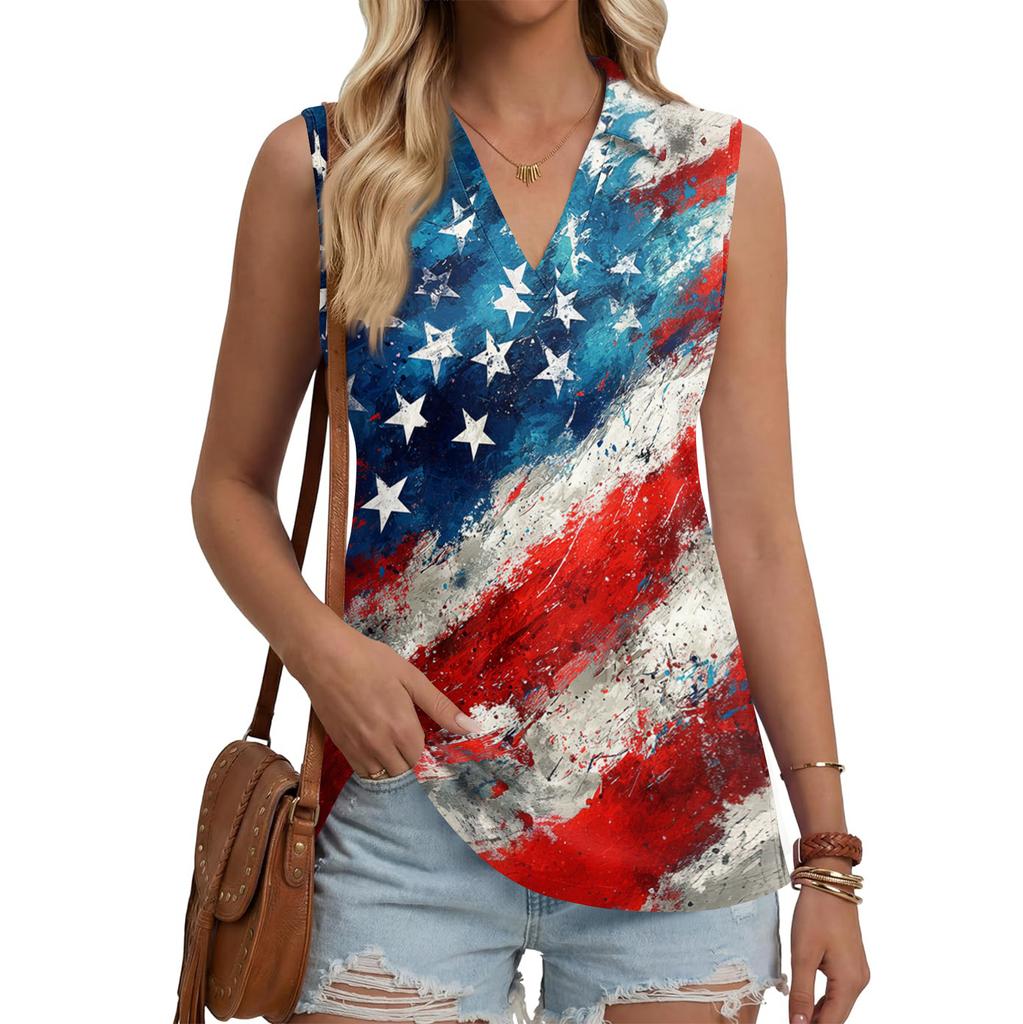 Women Sleeveless Button Front Vest Independence Day Print V Neck Collar Casual Fashion Tank Top