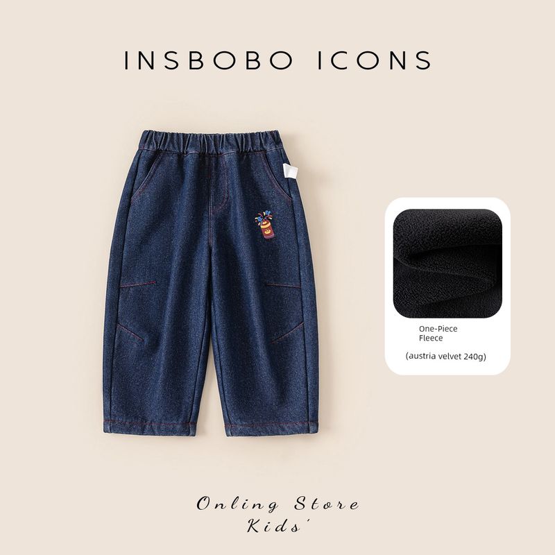 Insbobo Boys  Pants 2025 Winter Children s Jeans Children s Clothing Fleece-Lined Thickened New Autumn and Winter Long Pants Cowboy Blue 80