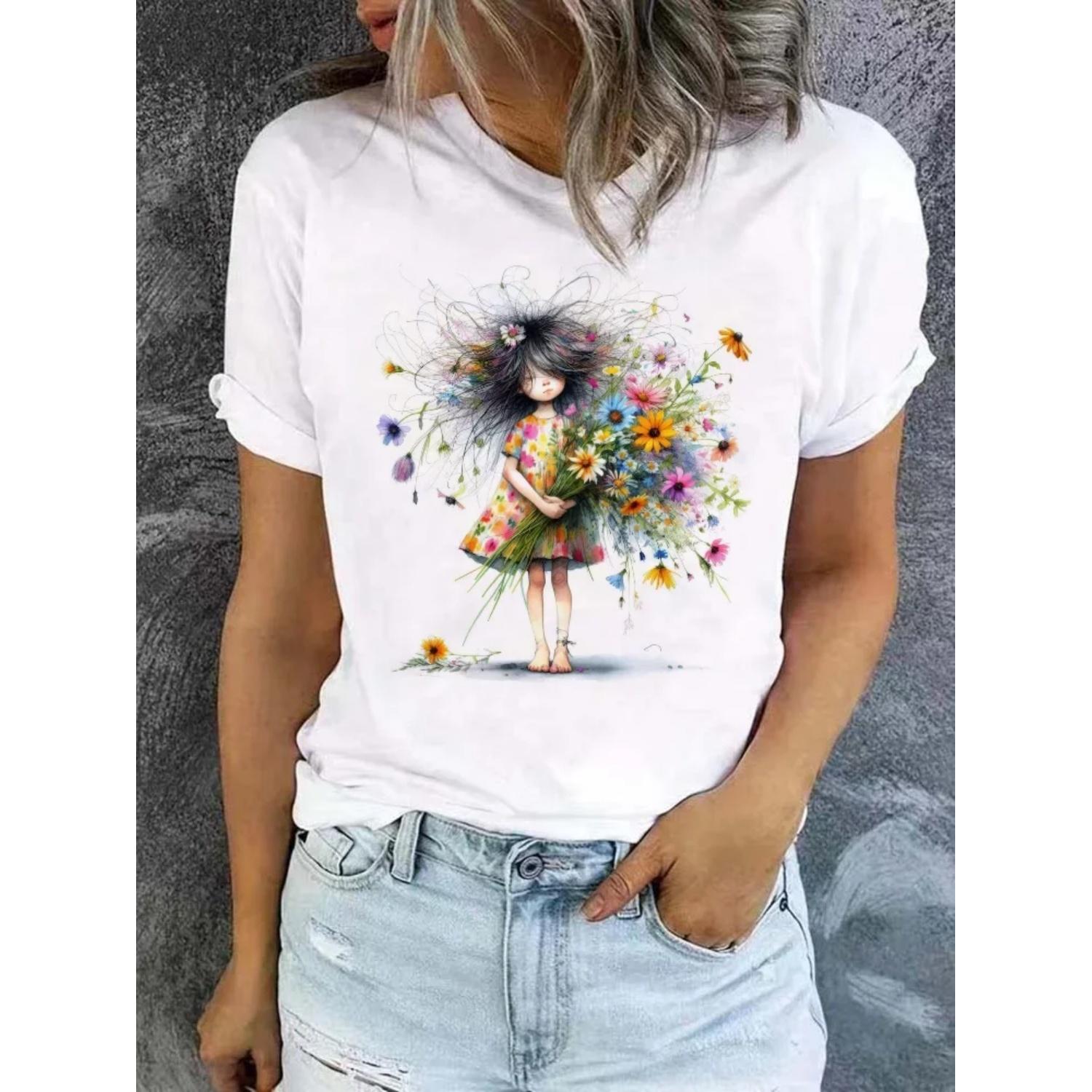 Short Sleeved T-Shirt Women s Cartoon Basic Clothing Fashion Women s Flower Trend Cute 90s Printed T-Shirt Top Pattern T-Shirt S
