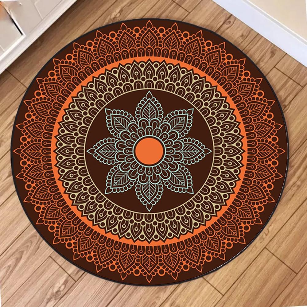 Round Mandala Pattern Area Rug Boho Art Style Mat Non Slip Stain Resistant Soft Comfortable for Living Room Bedroom Home Decor