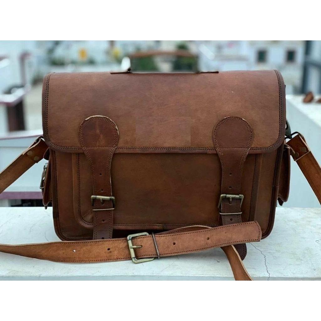 Leather Messenger Laptop Briefcase Satchel Bag (Brown Crazy Goat) Men's Vintage