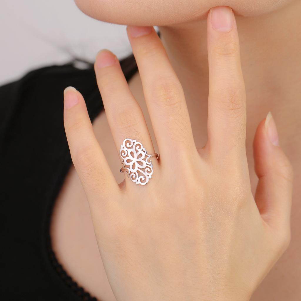 Stainless Steel Gold Filigree Flower Rings Women Wide Ring Aesthetic Jewelry Valentine's Day Gift